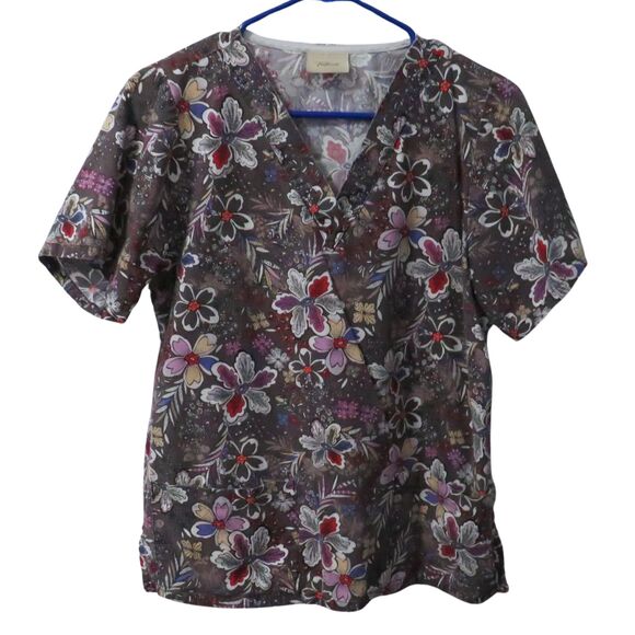 Tafford Black V-Neck Medical Scrub Top Women Sz XS Big Pockets  Floral Pattern - Picture 1 of 8